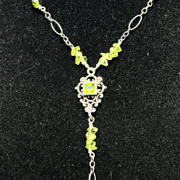 Barse Sterling Silver W/Green Rhinestones And Beads Lariat Necklace 18" (3699) - Picture 3 of 7